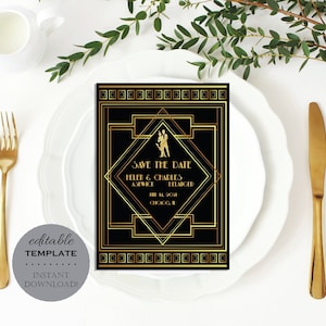 Art Deco bruiloft Save The Date Template - jaren 1920 en 1930 Great Gatsby, bewerkbare afdrukbare uitnodiging, Instant Download digitale bruiloft S66