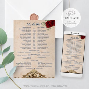 May include: A printable wedding day timeline template with a rustic brown background and red roses. The template includes a list of tasks for both the bridesmaids and groomsmen, along with contact information for the wedding party. The text "Let's do this!" is featured at the top of the template.
