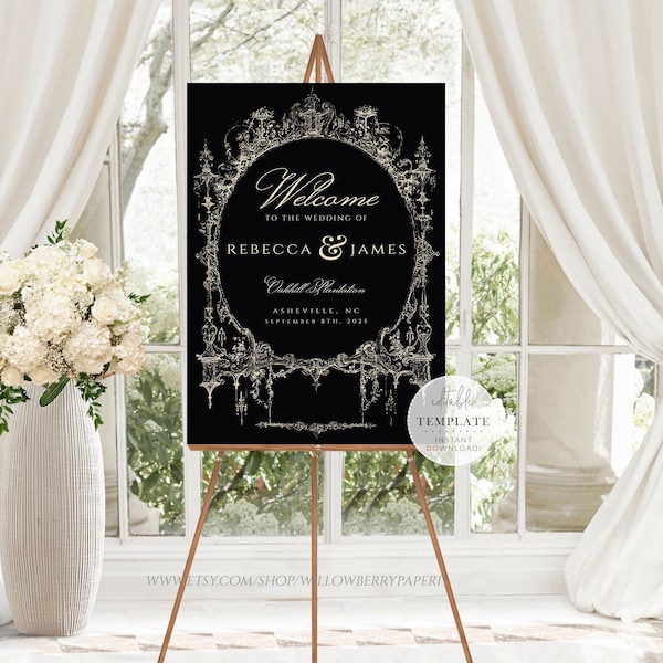 Vintage Royal Wedding Welcome Sign, Gothic Wedding, Fairytale Wedding, Princess Wedding, Wedding Signage, Printable Editable Template, WS38