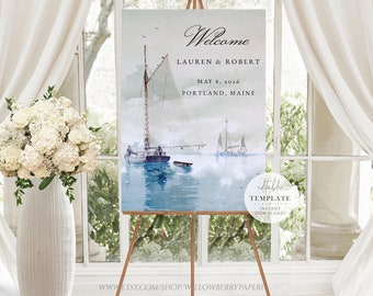 Nautical Wedding Welcome Sign, Sailboat Ocean Wedding, Vintage Wedding, Beach Wedding, Printable Editable Template, Digital Download, S29