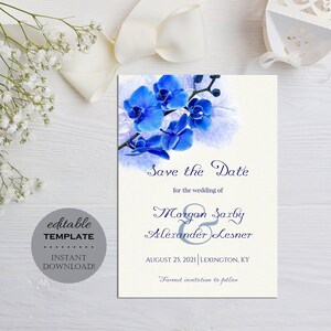 Calligraphie Save The Date Template - Élégantes orchidées bleu royal, invitation de mariage modifiable florale moderne minimaliste, téléchargement instantané S48