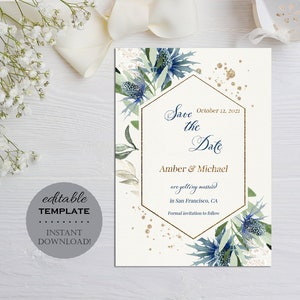 Pays, réservez la date modèle, invitation chardon bleu aquarelle rustique verdure, élégant hexagone doré en téléchargement immédiat modifiable, W13
