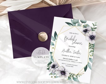 Geometric Bridal Shower Invitation Template - Anemone Eucalyptus/Editable Printable Invitation Greenery/Instant Download Digital Wedding WS2