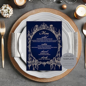 modèle de menu de mariage royal vintage, or bleu 5x7, carte de lieu de menu de réglage de table imprimable antique modifiable, téléchargement instantané numérique W66