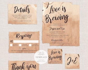 Love is Brewing Wedding Invitation Suite, Brewery Wedding, Coffee Theme, Coffee Invitation/Coffee Wedding/Editable Template/Digital Download