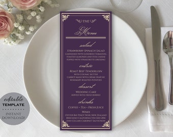 Vintage Wedding Menu Template, Elegant Plum Purple, Antique Editable Printable Table Setting Menu Place Card, Digital Instant Download S20