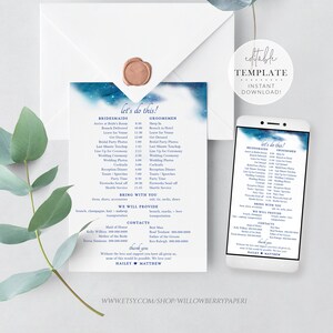 May include: A printable wedding timeline template with a blue watercolor background and stars. The template includes a schedule for the bridesmaids and groomsmen, a list of contacts, and a thank you message. The text "let's do this!" is at the top of the template.
