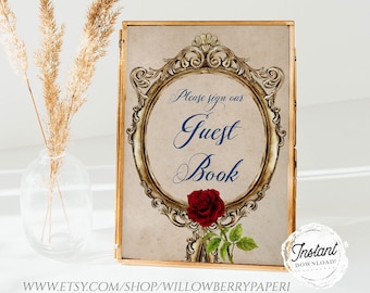 Printable &quot;Please Sign Guest Book&quot; Wedding Sign, Fairytale Wedding Table Sign, Princess Wedding Decor, 8x10 & 11x14, Instant Download, B73