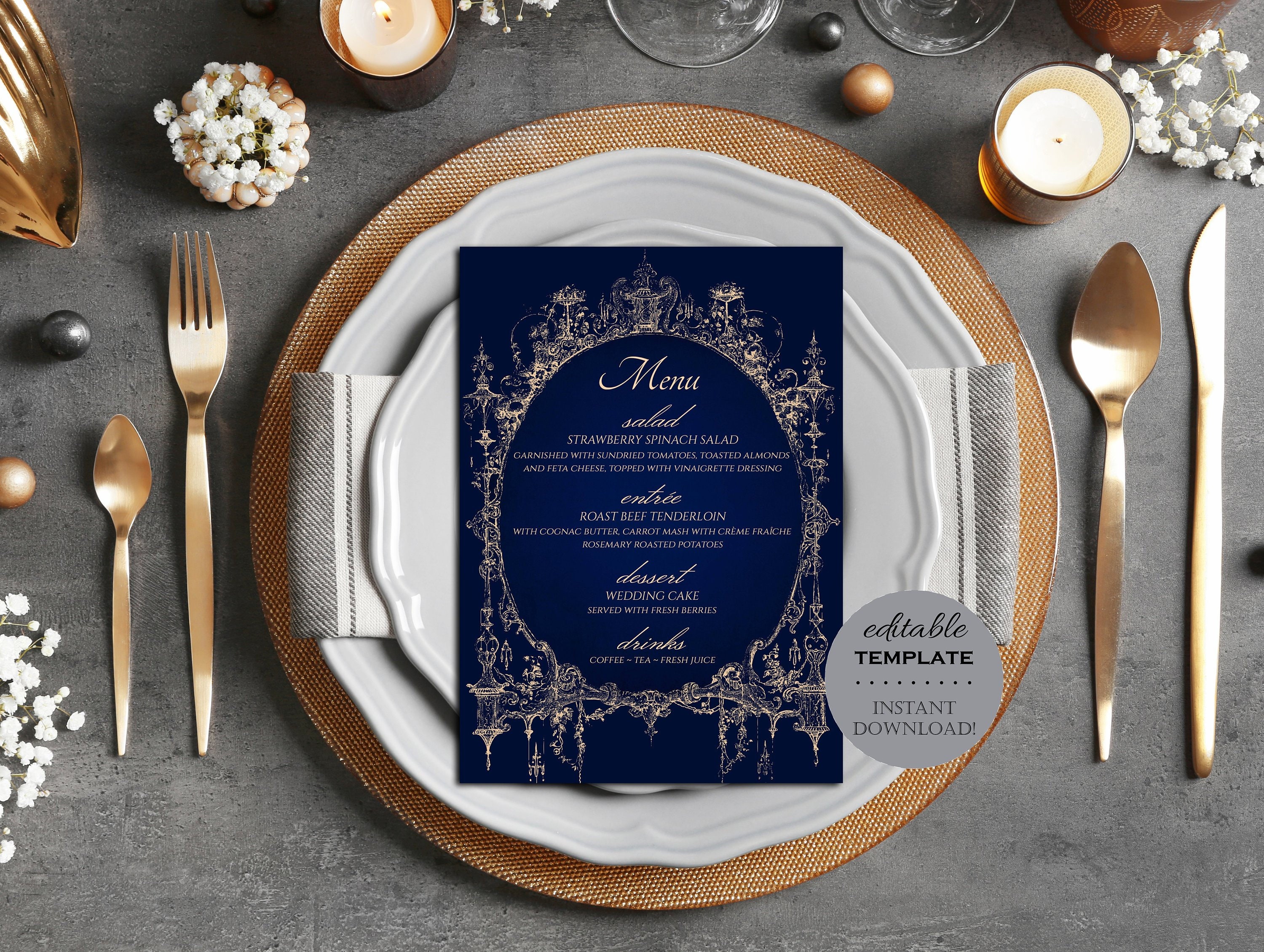 Vintage Royal Wedding Menu Template Blue Gold 5x7 Antique - Etsy