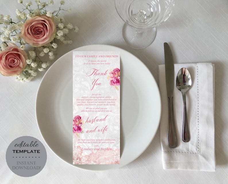 Rose Gold Grunge Wedding Table Setting Thank You Card, Editable ...