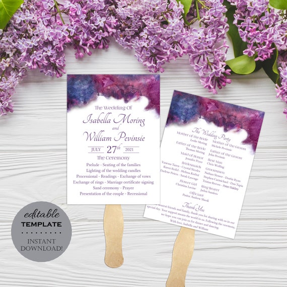 Galaxy Wedding Program Fan Starry Night Purple Wedding Etsy
