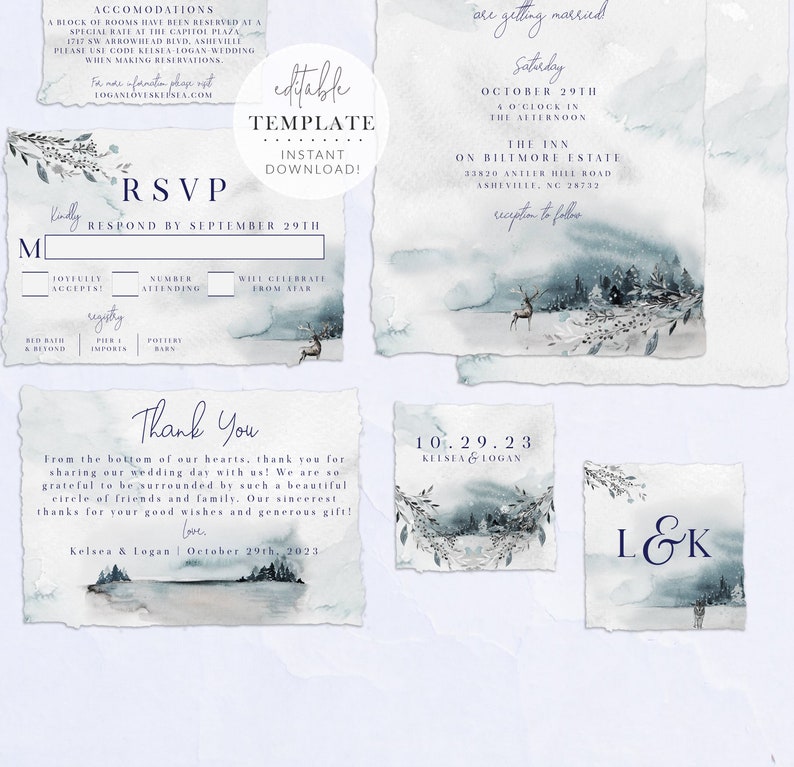 Winter Forest Wedding Invitation Suite, Trees Wedding Invitation, Woodland Invitation, Winter Wedding, Editable Template, Digital Download image 3
