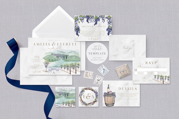 Winery Wedding Invitation Template Set Vineyard Wedding Napa - Etsy