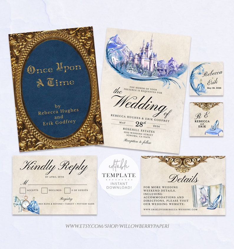 Fairytale Wedding Invitation Suite, Princess Wedding, Invitation Template, Once Upon A Time, Editable Template, Digital Download, C49 image 1