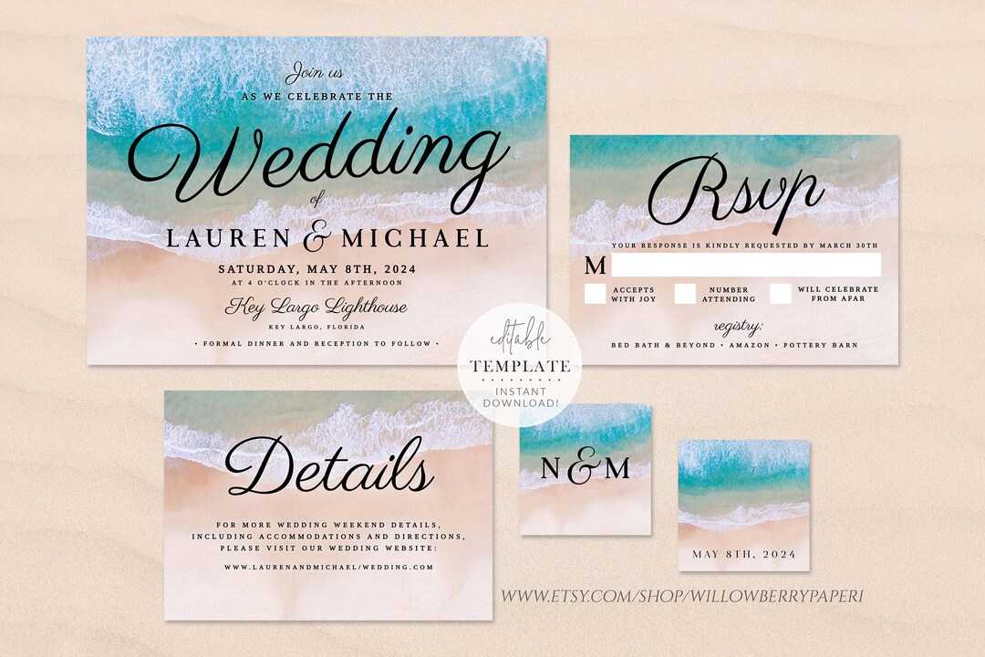Beach Wedding Invitation Template, Tropical Wedding, Beach Invitation ...