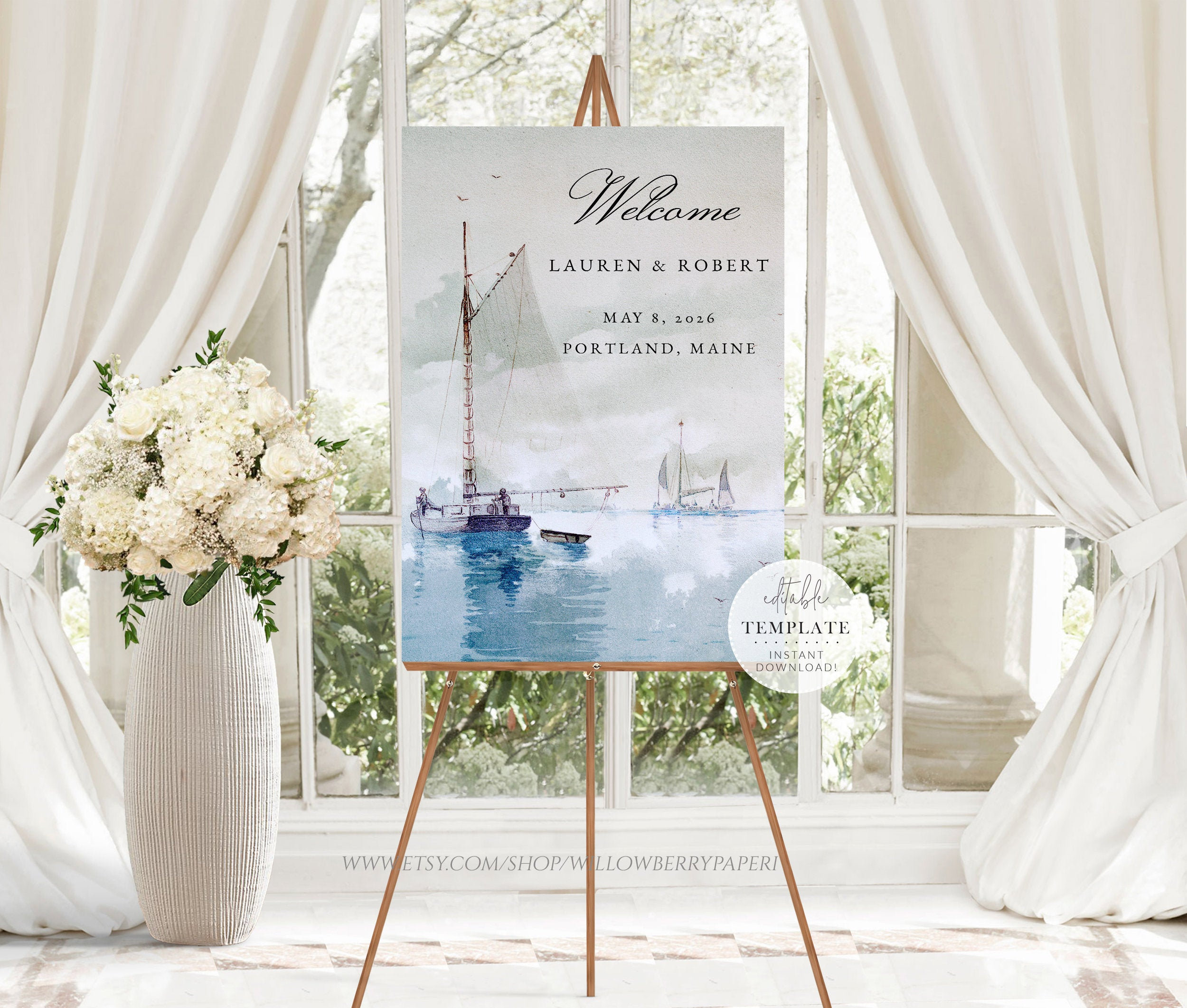Nautical Wedding Welcome Sign, Sailboat Ocean Wedding, Vintage Wedding, Beach Wedding, Printable Editable Template, Digital Download, S29