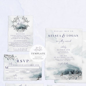 Winter Forest Wedding Invitation Suite, Trees Wedding Invitation, Woodland Invitation, Winter Wedding, Editable Template, Digital Download image 2