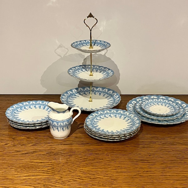 Very rare beautiful Florence C B ltd  blue cake stands, tea plates, milk jug, individual items