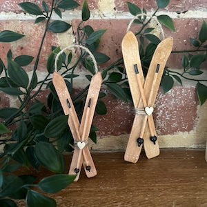 Handmade by me, wooden miniature Ski's and poles either 11cm or 15cm hanging ornament Ideal for any skier or weddings