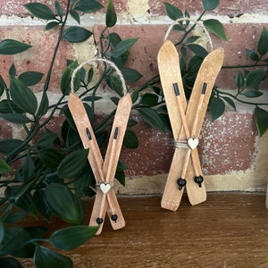 Handmade by me, wooden miniature Ski's and poles either 11cm or 15cm hanging ornament Ideal for any skier or weddings