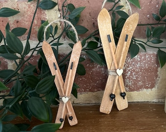 Handmade by me, wooden miniature Ski's and poles either 11cm or 15cm hanging ornament Ideal for any skier or weddings