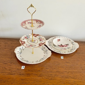 Gorgeous vintage three tier cake stand - largest plate is Royal Albert, afternoon tea,