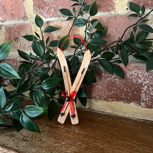 Handmade by me, miniature Ski&#39;s and poles 11cm high hanging ornament Ideal for any skier or weddings