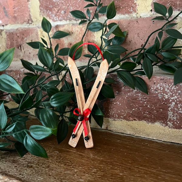 Handmade by me, miniature Ski's and poles 11cm high hanging ornament Ideal for any skier or weddings