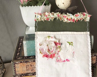 Vintage Tablecloth Shabby Chic Fabric Wall Pocket/Herb Basket