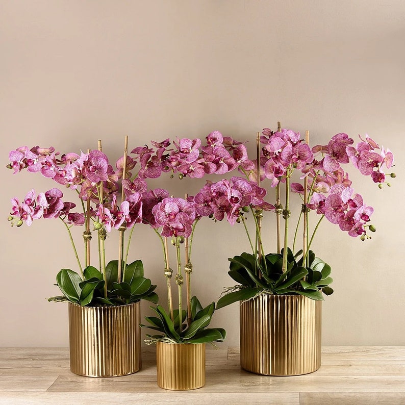 Faux Speckled Pink SILK Orchid Flower Arrangement in Gold Pot Etsy