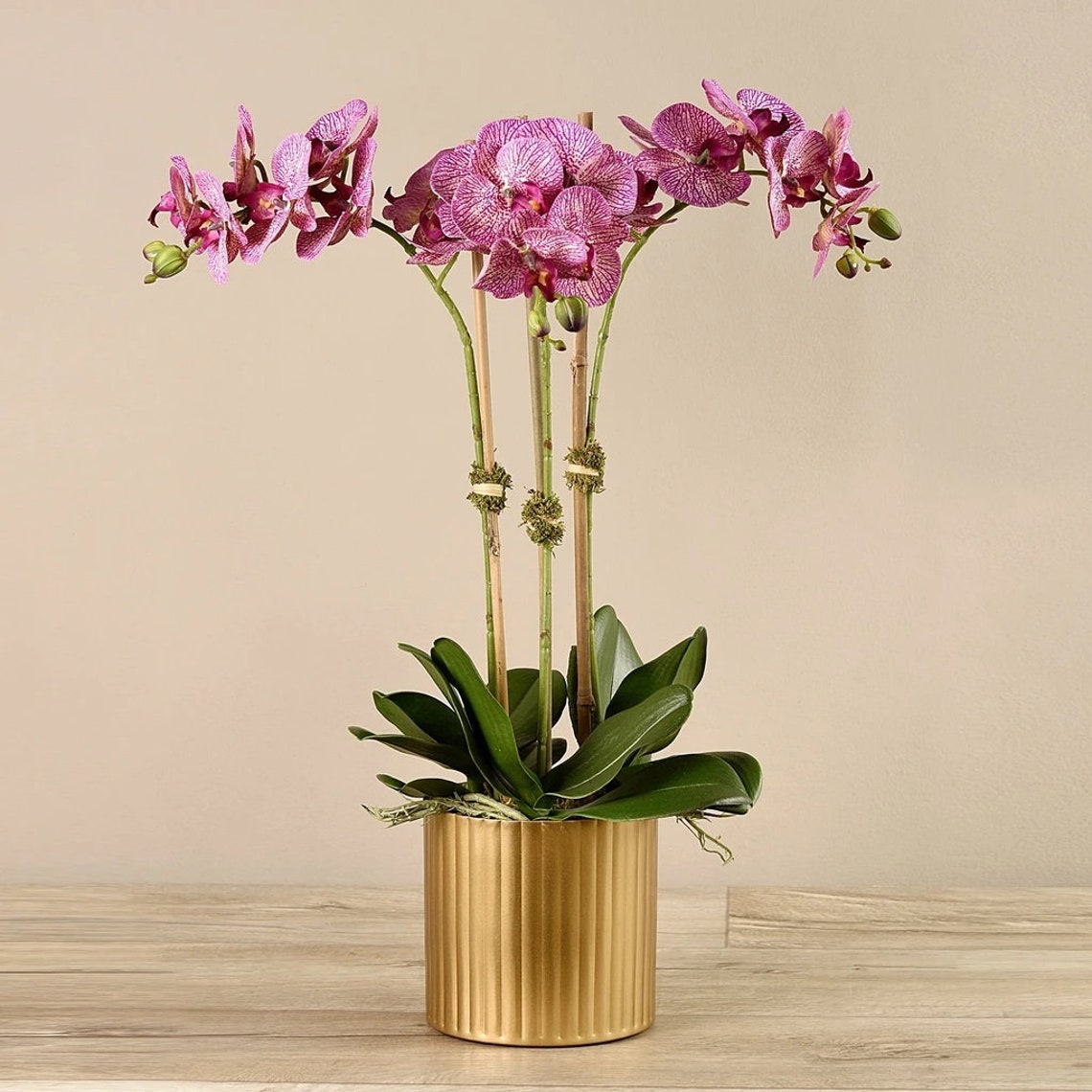 Faux Speckled Pink SILK Orchid Flower Arrangement in Gold Pot Etsy