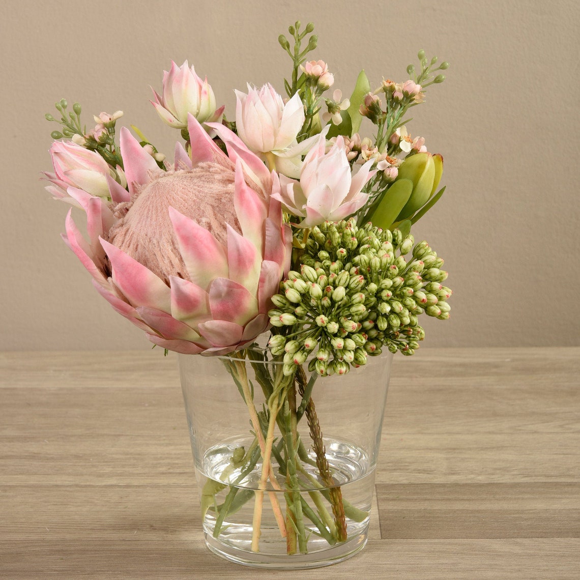 Silk Natural Look Faux Pink Protea Flower Arrangement In A Etsy