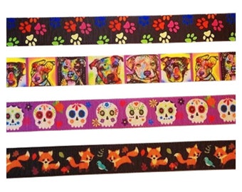 7/8" Sugar Skulls-Paws-Pitbulls-Fox Grosgrain Ribbon