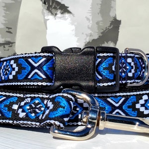 Blue Southwest Dog Collar or Leash-Boy Dog Collar-Tribal Dog Leash-Blue Aztec Dog Accessories