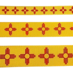 May include: Three yellow ribbons with a repeating red and yellow Zia symbol pattern. The Zia symbol is a Native American design with a circle and four groups of four lines radiating outward.