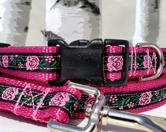 Pink Floral Dog Collar, Leash, Martingale, or Harness