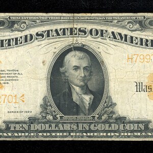 1922 10 Dollar Gold Certificate Large Size Note FR 1173 Very Etsy 1922 10 Dollar Gold Certificate Large Size Note FR 1173 Very Etsy