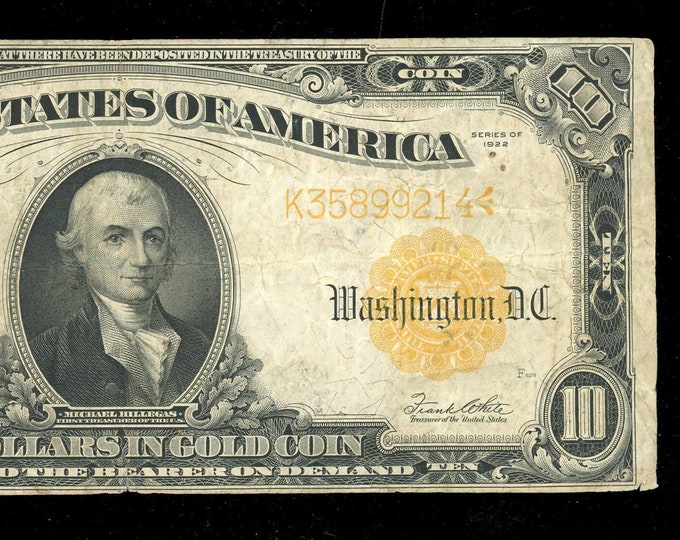 1922 10 Dollar Gold Certificate Large Size Note FR 1173 VF small Cor 1922 10 Dollar Gold Certificate Large Size Note FR 1173 VF small Cor