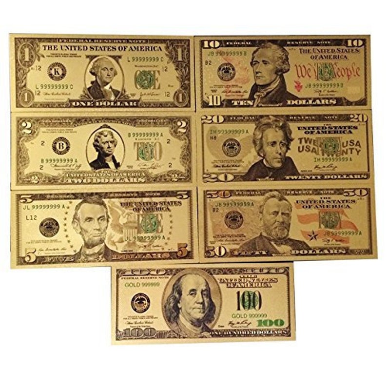 Stunning Set of 24K Gold Plated US Currency Rigid Gold Foil Bills, Set