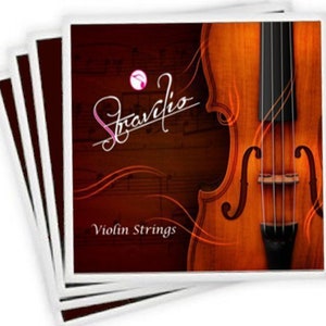 May include: A pack of violin strings with a brown background and a violin image. The text on the pack reads "Stradivio Violin Strings".