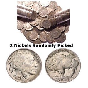 Puede incluir: Dos monedas de níquel de búfalo seleccionadas al azar. Las monedas son de color plateado y presentan el perfil de un indio americano en un lado y un búfalo en el otro. El texto "UNITED STATES OF AMERICA" y "FIVE CENTS" es visible en la moneda.
