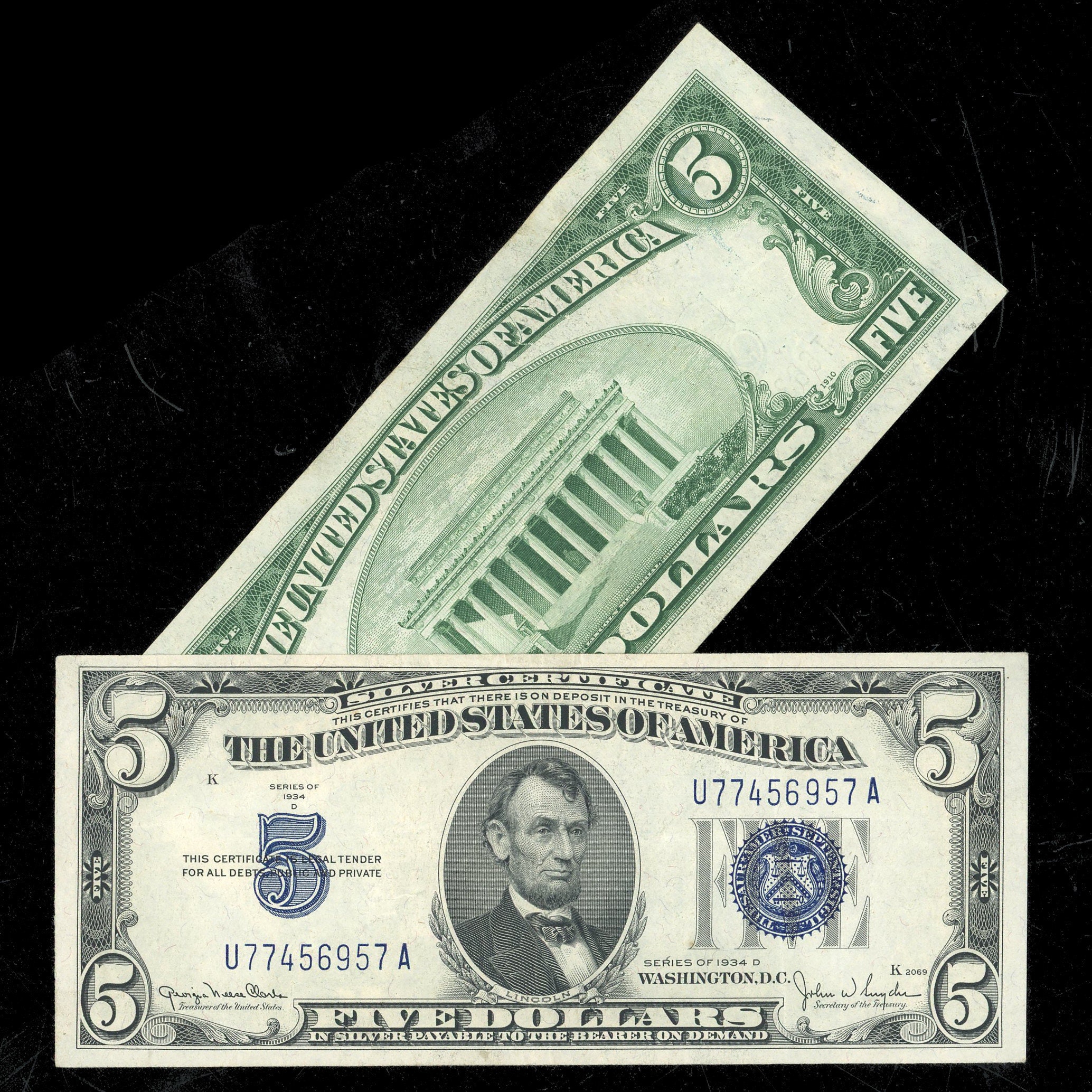 1934年 5ドル紙幣 大型ブルーシール 銀券 入手困難 5ドル紙幣 約100年