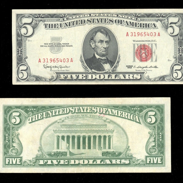 1963 5 Dollar Bill Red Seal Old US Paper Money Note Very Nice