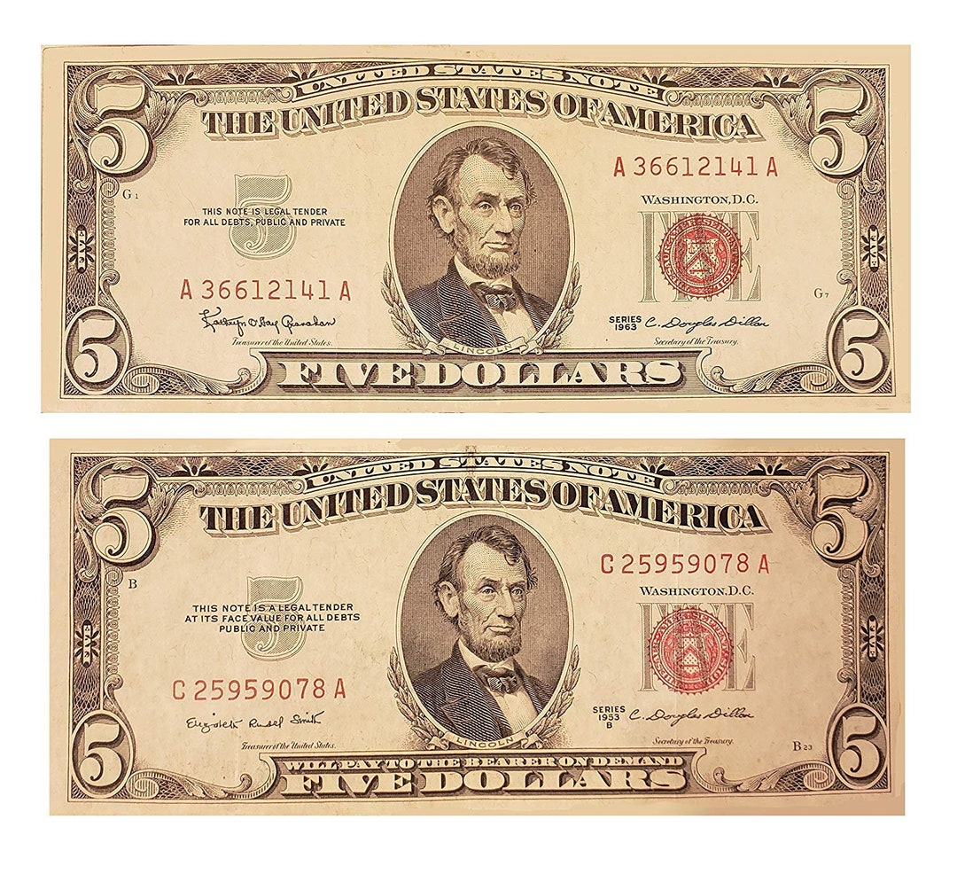 Five Dollar Red Seal Banknote - 1953 Or 1963 United States Note - Old Money