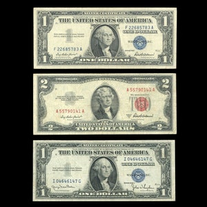 Set of Old US Paper Money Silver Certificates Blue Seal , 1 Dollar 1957 , 1 Dollar 1935 , 2 Dollar Bill 1953 Red Seal