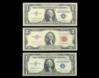Set of Old US Paper Money Silver Certificates Blue Seal , 1 Dollar 1957 , 1 Dollar 1935 , 2 Dollar Bill 1953 Red Seal