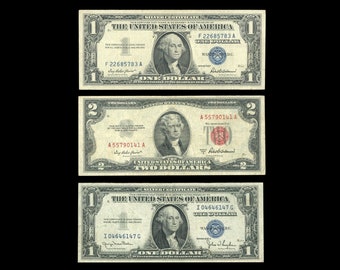 Set of Old US Paper Money Silver Certificates Blue Seal , 1 Dollar 1957 , 1 Dollar 1935 , 2 Dollar Bill 1953 Red Seal