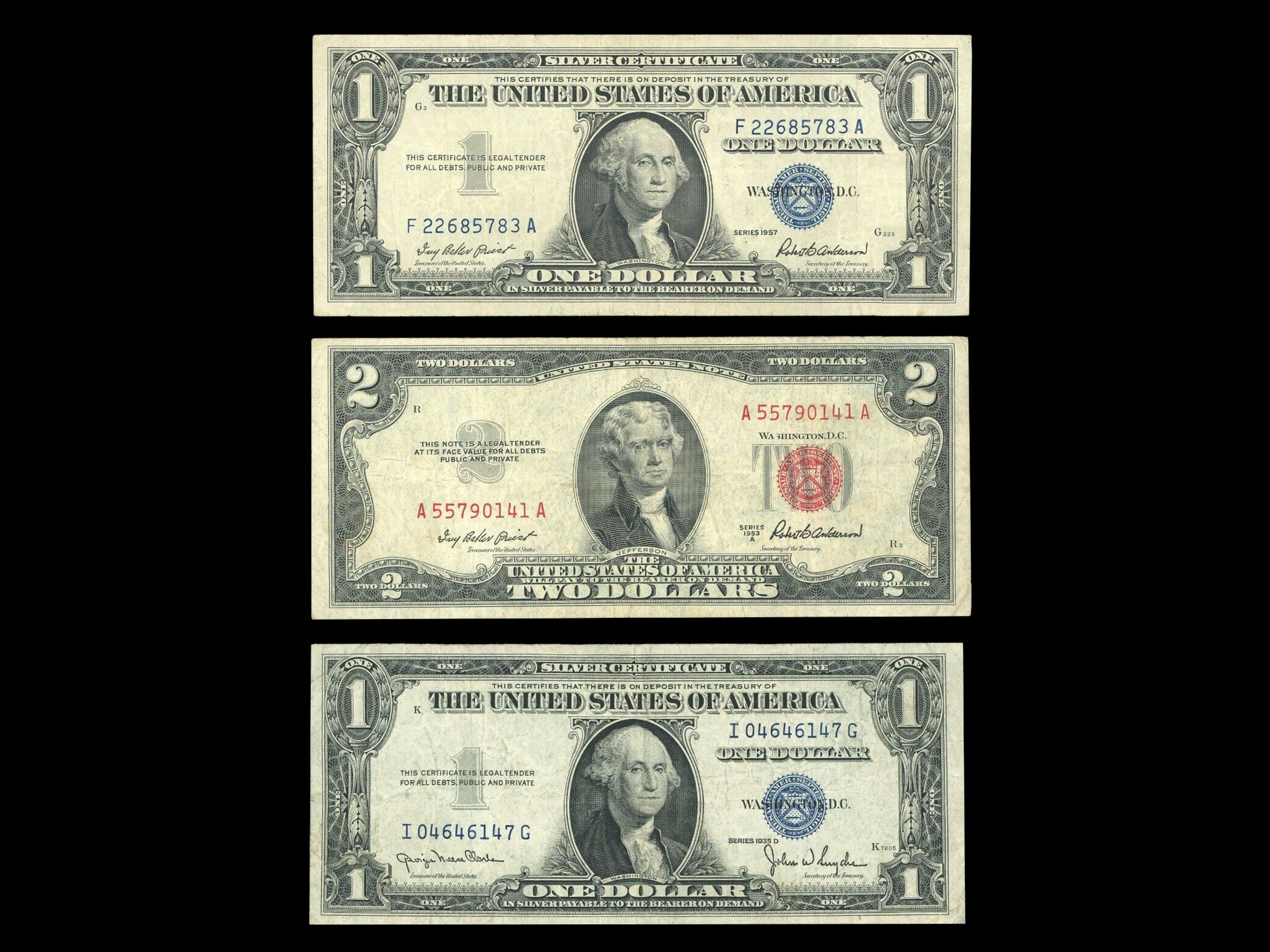Set of Old US Paper Money Silver Certificates Blue Seal , 1 Dollar 1957 , 1 Dollar 1935 , 2 Dollar Bill 1953 Red Seal