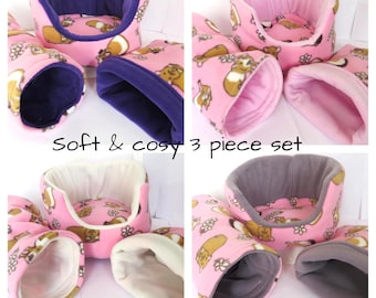 3 piece soft fleece bed set** 10"guinea pig bed**with removable pad **Tunnel ** snuggle pouch**small animal hedgehog etc