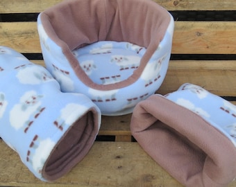 NEW Designs soft fleece bed set** 10"guinea pig bed**with removable pad **Tunnel ** snuggle pouch**small animal hedgehog etc